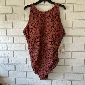 Kona Sol Brown Spotted High Neck Ruched High Coverage One piece Swimsuit size 22